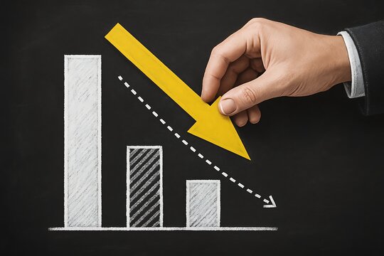 Businessman's hand holding a yellow arrow over a chalk chart to show a financial crisis, representing business failure, investment loss, and economic recession.