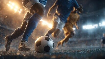 Two players in blue jerseys sprint towards a soccer ball on the field, showcasing intense competition during a nighttime sporting event with bright stadium lights.