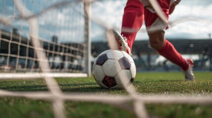 A young athlete in red uniform is getting ready to kick a black and white soccer ball toward the net during an afternoon training session on grassy field.