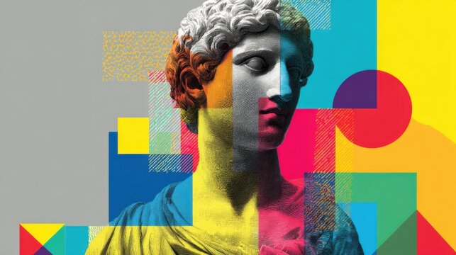 A classical sculpture with a detailed visage stands against a vibrant background of bold geometric shapes and colors, creating a striking contrast between the traditional and contemporary art styles.