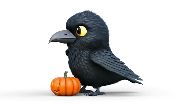 Illustration of a black cartoon crow with a pumpkin on a white background.