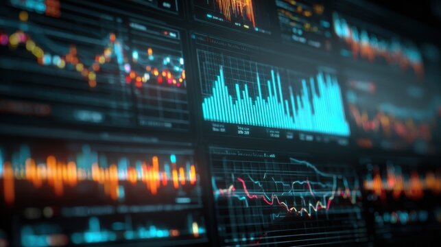 Colorful graphics showcase real-time financial data, illustrating stock market trends, fluctuating prices, and trading analytics on various charts, conveying market dynamics effectively.