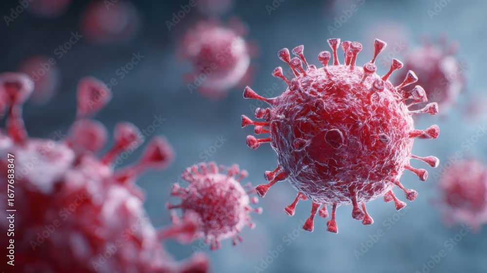 Poster intricate details of red and pink virus particles are visible against a blurred dark background, ill
