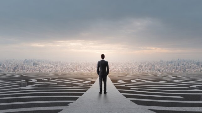 A man dressed in formal attire gazes out over a vast city skyline from the entrance of a large maze. The dawn light casts a soft glow, hinting at possibilities ahead.