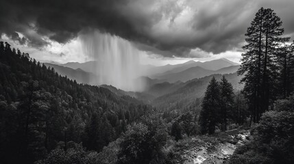 Rainstorms in nature with dramatic clouds, wet forests, and heavy downpour scenes, perfect for seasonal weather and mood-based imagery
