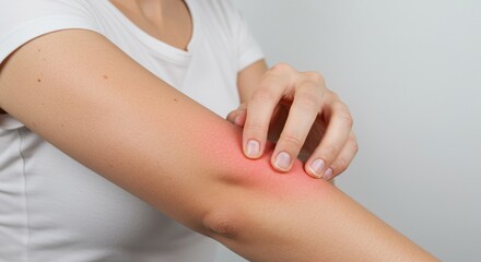 Sensitive Skin Allergy , Woman Scratching Red Rash on Arm, Itchy Irritated Skin Symptom of Allergic Reaction and Dermatology Condition