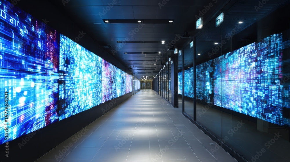 Poster Brightly illuminated corridor showcases large digital screens displaying dynamic patterns and colors. The futuristic setting enhances the tech-focused ambiance of the location at night.