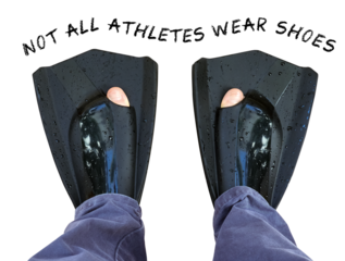 Funny concept with feet in black diving fins and text Not all athletes wear shoes. Humor, sport, and underwater swimming lifestyle idea on transparent background. PNG file.
