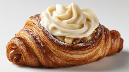 Fototapeta premium A flaky pastry features a rich cream topping in the center, highlighting its golden-brown color and inviting texture.