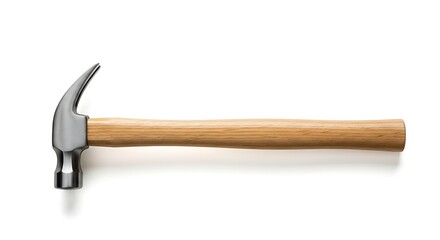 A close-up studio shot of a claw hammer with a wooden handle against a white background.