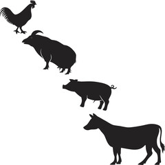Farm animal silhouettes rooster goat pig and cow
