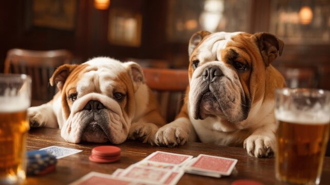Two bulldogs relax at a wooden table in a welcoming pub, focusing on a card game surrounded by drinks and gaming tokens, creating a warm atmosphere.