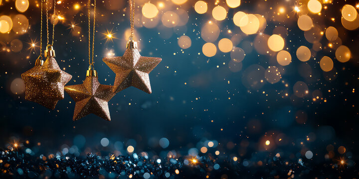Enchanting golden star ornaments dangling amid shimmering bokeh lights evoke holiday magic and festive cheer for seasonal celebrations