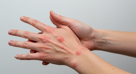 Fototapeta premium Close-up of Human Hands with Atopic Dermatitis, Red Itchy Skin and Blisters , Dermatology Concept Isolated on White Background