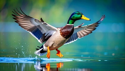 A vibrant mallard duck gracefully descends onto a tranquil water surface, its wings outstretched in a dynamic mid-air pose.