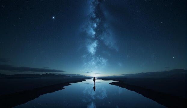 Surreal mirrored landscape with a reflective ground, inverted starry sky, and a solitary figure at the boundary. Dreamlike and vast., ultra detailed, 8k resolution, HDR, professional