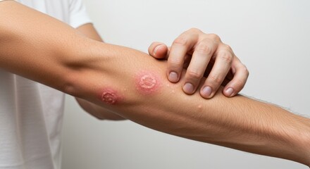 Man Scratching Inflamed Ulcers on His Arm , Skin Irritation and Dermatological Problem Concept with White Isolated Background
