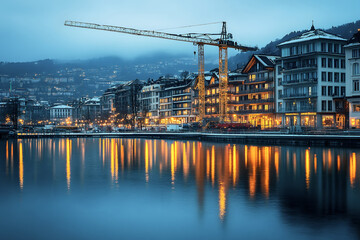 Fototapeta premium Serene Lakeside Cityscape at Dusk with Towering Crane and Reflec