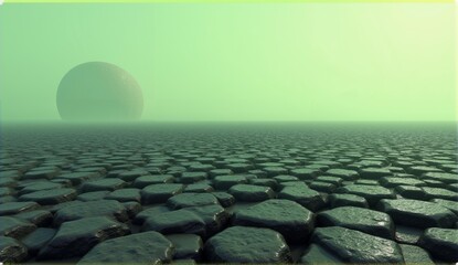 Hexagonal basalt columns forming a planetary landscape, resembling Giant’s Causeway, beneath a pale green sky. Stark geometric beauty., ultra detailed, 8k resolution, HDR, professional