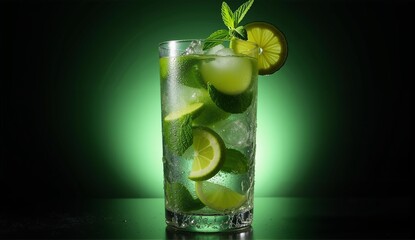A vibrant Mojito cocktail, backlit for glowing effect, showcasing fresh ingredients like mint and lime within a frosty glass., ultra detailed, 8k resolution, HDR, professional
