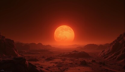 Photorealistic Mars rising above an Earthly desert canyon mimicking its surface. A striking visual contrast between planets., ultra detailed, 8k resolution, HDR, professional