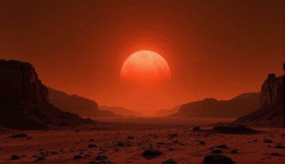 Photorealistic Mars rising above an Earthly desert canyon mimicking its surface. A striking visual contrast between planets., ultra detailed, 8k resolution, HDR, professional