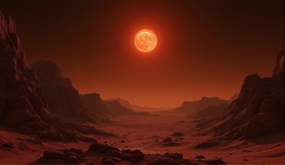 Photorealistic Mars rising above an Earthly desert canyon mimicking its surface. A striking visual contrast between planets., ultra detailed, 8k resolution, HDR, professional