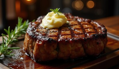 Mouthwatering ribeye steak with grill marks and herb butter, served on a rustic wood board under warm restaurant lighting. Delicious!, ultra detailed, 8k resolution, HDR, professional