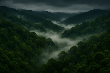 Misty mountain landscape with a mysterious fog flowing through a valley of lush green rainforest trees under a dark and moody sky before a storm.