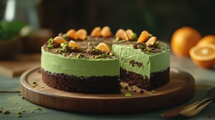 Delicious Green Cake with Chocolate Crust and Orange Garnish