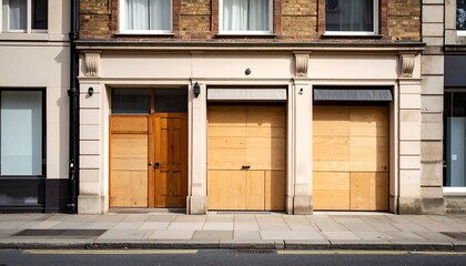 Naklejka premium Two closed beige-toned wooden shopfronts on a city street, showcasing empty storefronts and closed wooden doors.