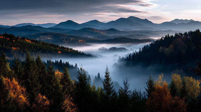 A tranquil autumn morning with fog swirling around glden forests, revealing montain ridges in the distane as the sun rises.
