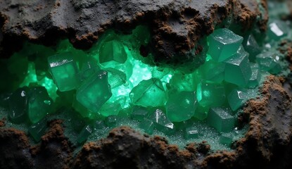 Detailed texture of an emerald vein within dark schist. Translucent, fractured crystals glow subtly with light. Ideal for surfaces., ultra detailed, 8k resolution, HDR, professional