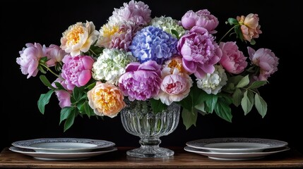 Fototapeta premium Elegant Floral Arrangement with Assorted Peonies and Hydrangeas