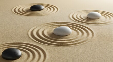Zen Stone Garden: A serene image of a Zen garden, featuring artfully arranged smooth stones resting on meticulously raked sand, creating a sense of balance and tranquility.