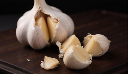 Detailed close-up of fresh garlic cloves on a wooden cutting board; showcasing texture and form.,...