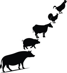 Farm animal silhouettes rooster goat pig and cow
