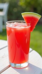 Refreshing watermelon juice in a glass, garnished with fruit, set on a sunlit patio table – perfect summer vibes!, ultra detailed, 8k resolution, HDR, professional