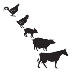 Farm animal silhouettes rooster goat pig and cow
