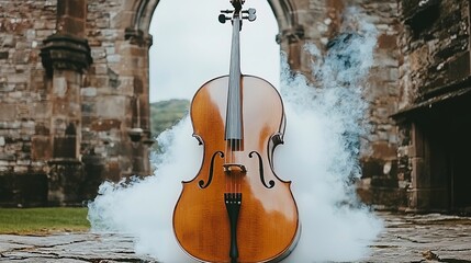 This captivating image showcases a vintage cello enveloped in smoke at the heart of a stone archway, blending elements of fantasy and tradition with a hauntingly beautiful atmosphere.