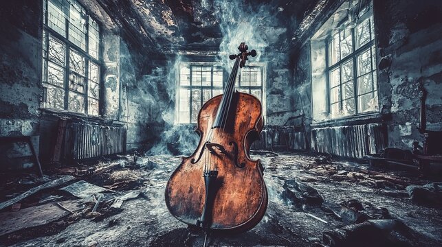 A striking image of a vintage cello positioned in an abandoned room filled with smoke, evoking a sense of nostalgia and mystery amidst a decaying background and soft natural light. - Powered by Adobe