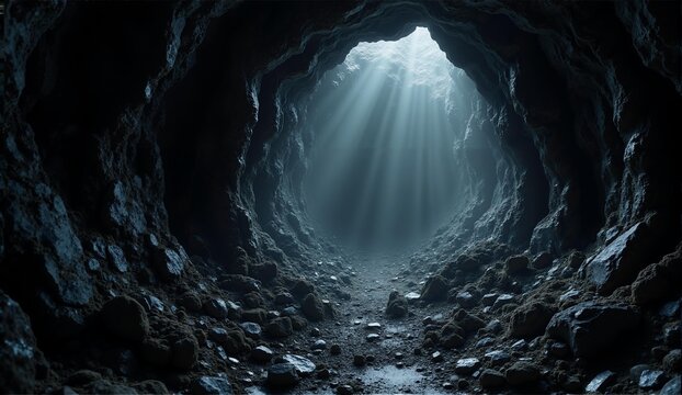 Inside a giant geode, black Morion quartz crystals gleam ominously under a solitary beam of light. Sharp and imposing., ultra detailed, 8k resolution, HDR, professional