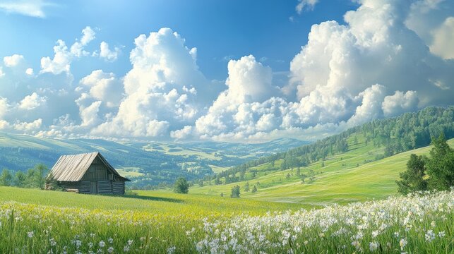 A picturesque landscape featuring a rustic wooden cabin surrounded by lush green fields and dramatic clouds in a serene countryside setting.