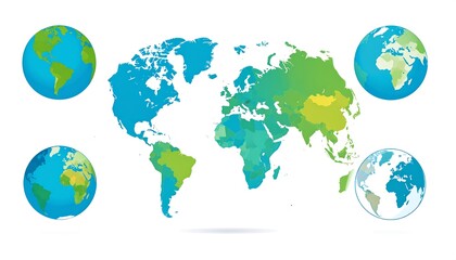 Multiple world globes with colored country divisions