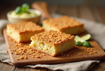 Rustic lemon crumble cake with golden crust and creamy filling on a wooden board. Cozy homemade dessert in natural warm light. Horizontal food photography for baking or culinary content.