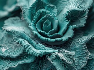 Obraz premium Close-up of a textured teal succulent plant with intricate veined leaves, highlighting the natural patterns and delicate details in a vibrant transformative teal color scheme.