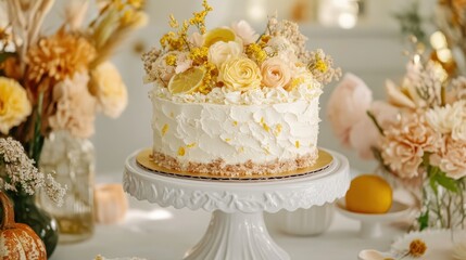 Elegant Floral Cake with Yellow Accents and Fresh Ingredients