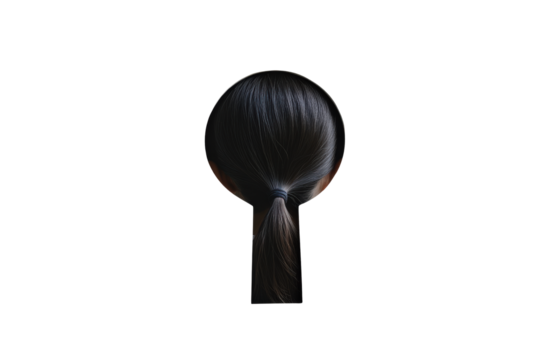 Back view of woman with ponytail through keyhole isolated on black