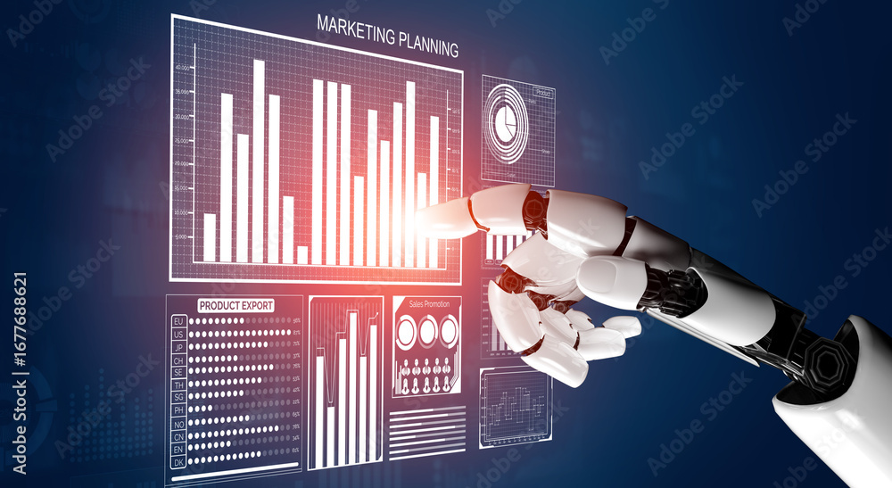 Poster a robotic hand engages with advanced digital data visualization, highlighting trends and insights vi