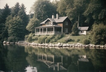 Obraz premium Serene lakeside house surrounded by lush green trees, calm water reflecting the cozy cabin, peaceful nature scene, soft natural lighting, tranquil and secluded atmosphere.